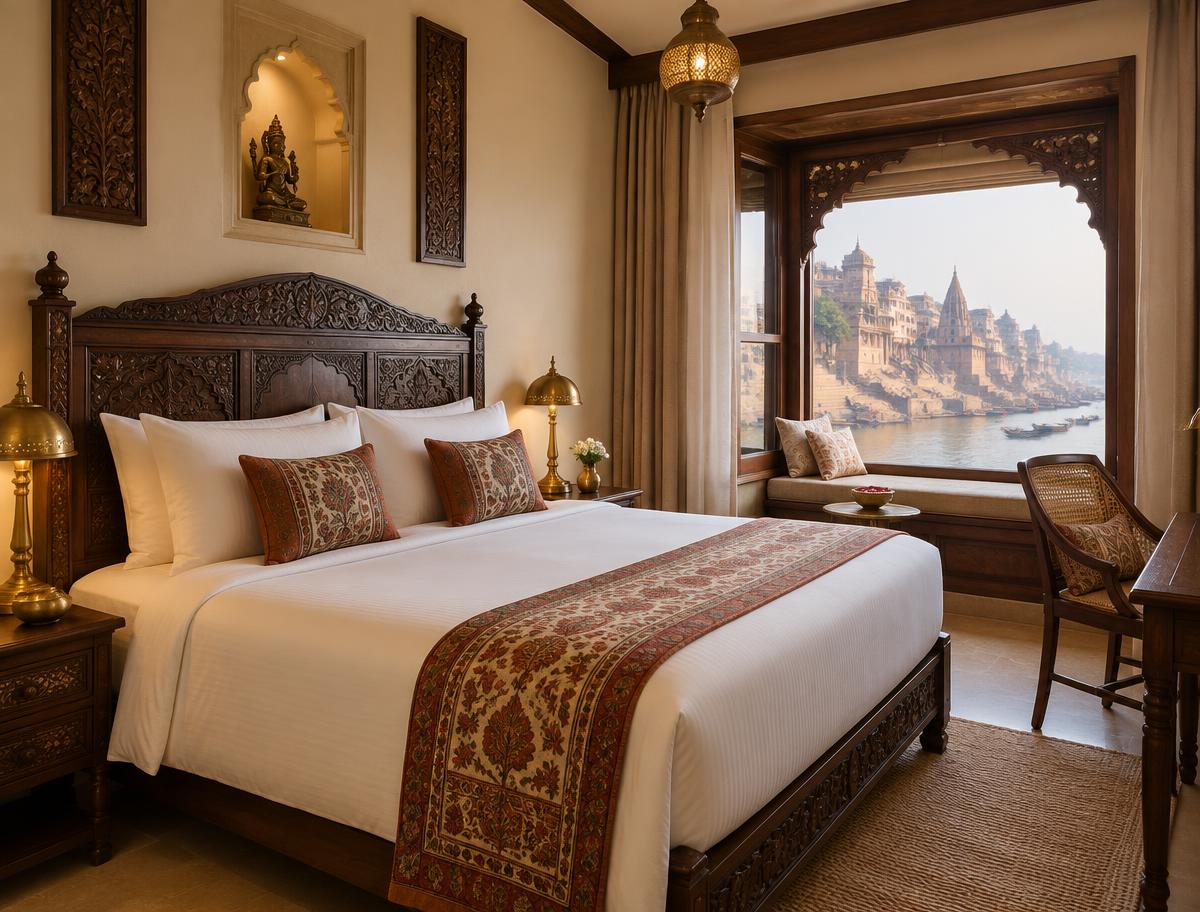 A premium hotel room overlooking Varanasi